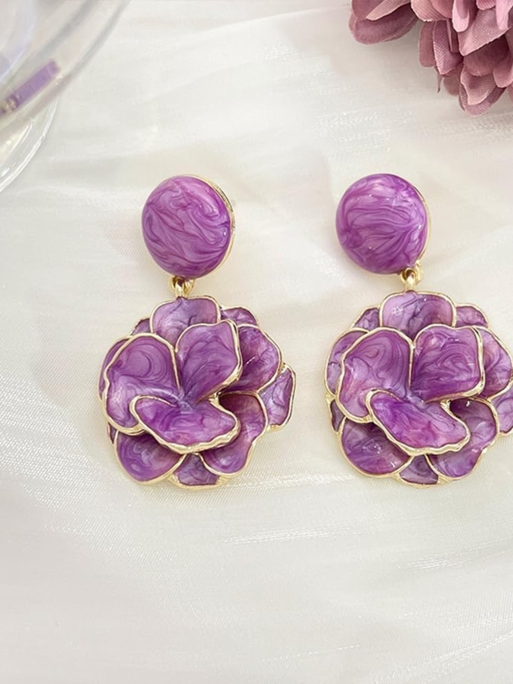 Elegant Purple Enamel Floral Drop Earrings - Women Jewelry - Picture 4 of 11
